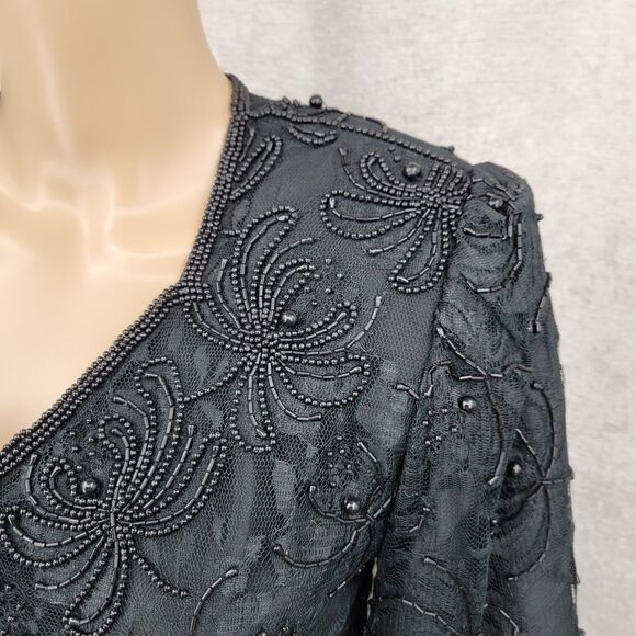Laurence Kazar Vintage Mesh Lace Black Beaded Blouse 80s Scalloped Hem - Picture 4 of 9